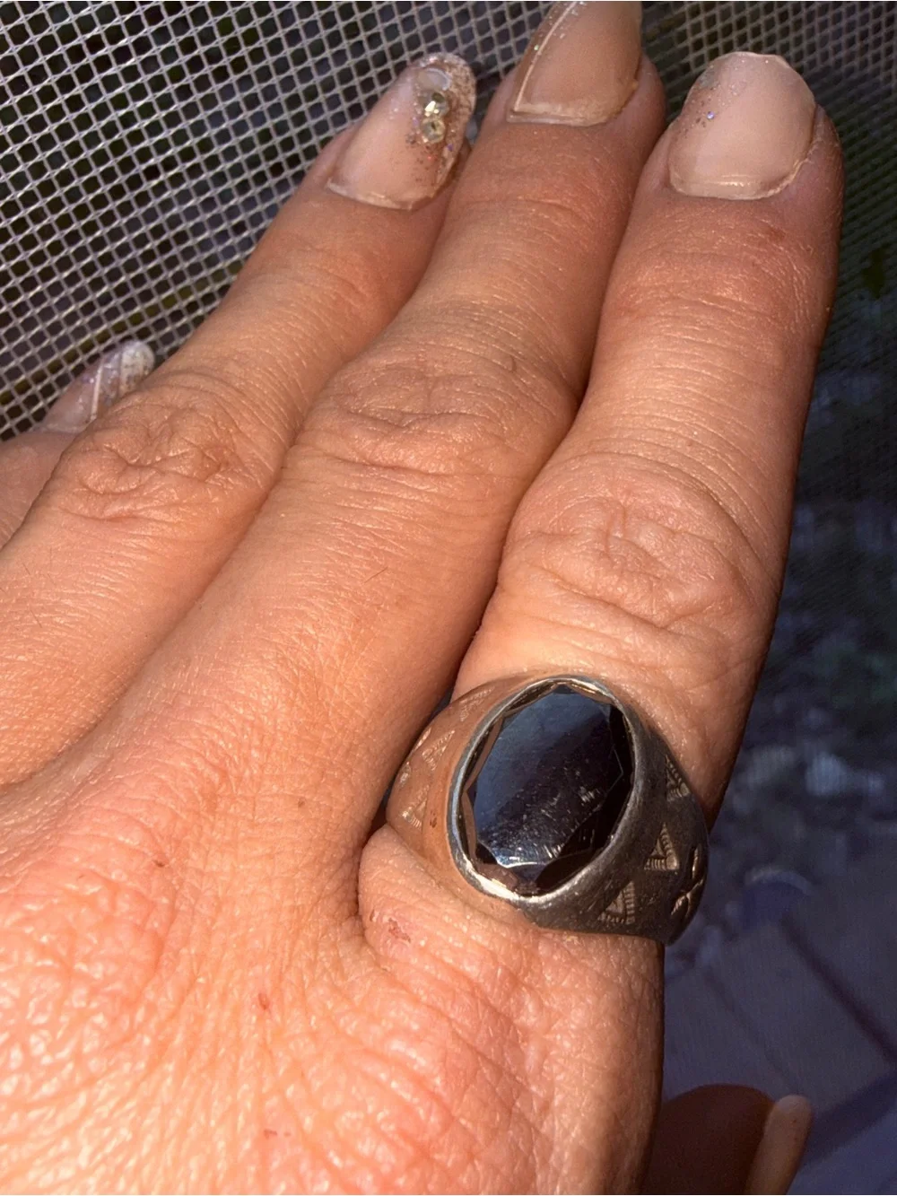 Vintage Sterling Silver Faceted Hematite Men's Southwestern Ring sz 8?
